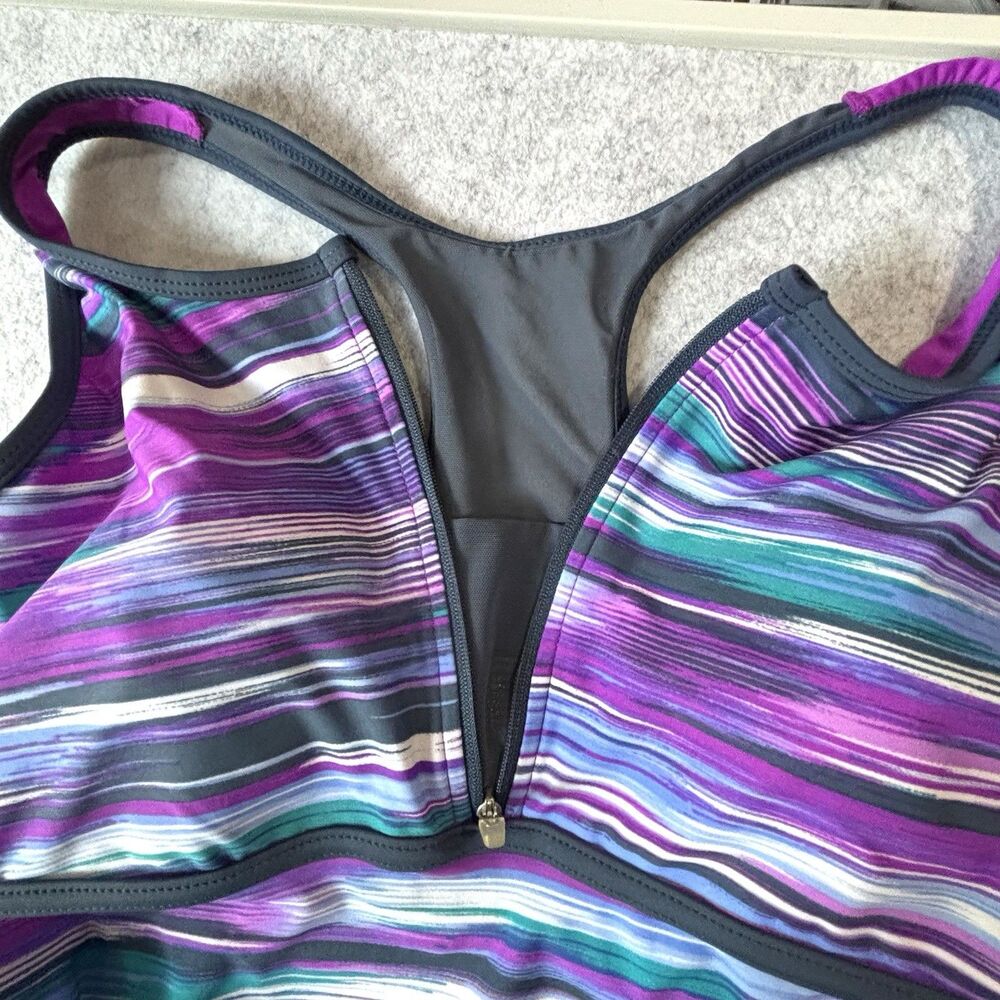 Free Country Women's Striped Zip Racerback Tankini Swim Top Purple Size M 8-10 - Picture 3 of 9